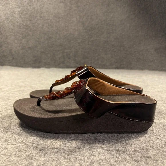 FitFlop Sandals Shoes Womens Size 9 Brown Thong Wedge Comfort Chain Slip On - Picture 5 of 10
